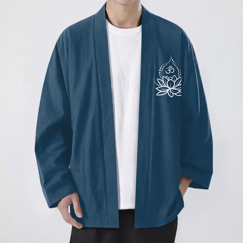 Buddha Stones 綿ロータスオム柄前開きメンズ着物 - スチールブルー - US/UK/AU48、 EU58 (4XL) - image 6