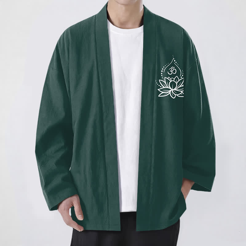 Buddha Stones 綿ロータスオム柄前開きメンズ着物 - ダークグリーン - US/UK/AU48、 EU58 (4XL) - image 9