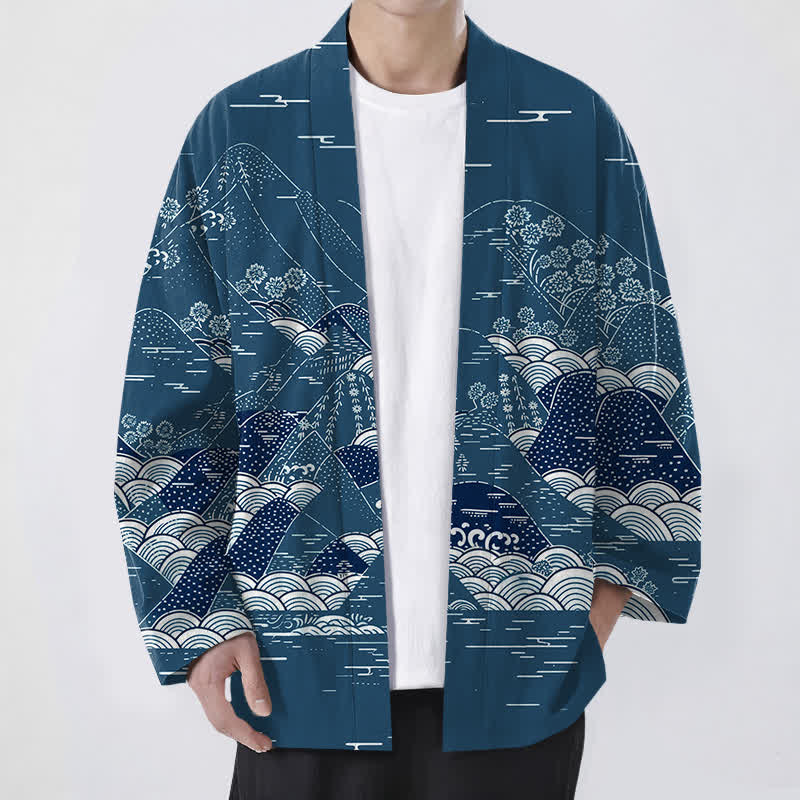 Buddha Stones 綿素材の和風風景波模様前開きメンズ着物 - ティール - US/UK/AU48、 EU58 (4XL) - image 0