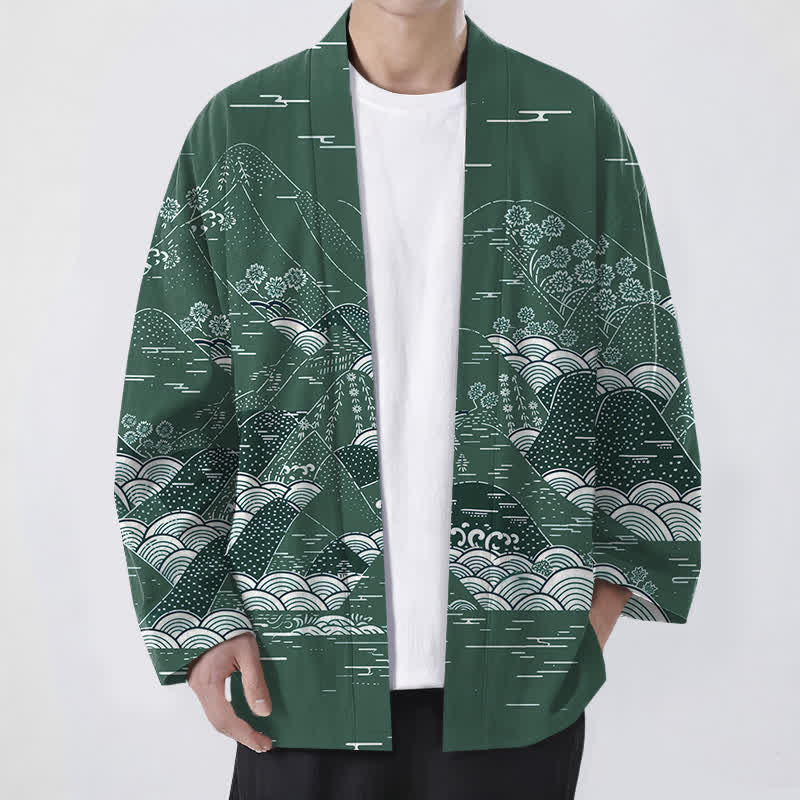 Buddha Stones 綿素材の和風風景波模様前開きメンズ着物 - フォレストグリーン - US/UK/AU48、 EU58 (4XL) - image 6