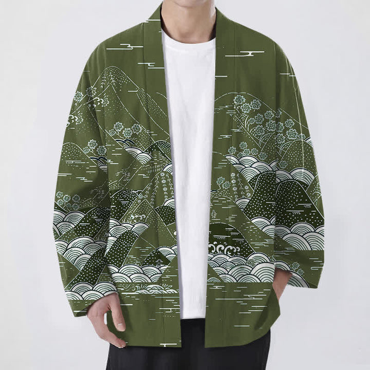 Buddha Stones 綿素材の和風風景波模様前開きメンズ着物 - オリーブドラブ - US/UK/AU48、 EU58 (4XL) - image 9