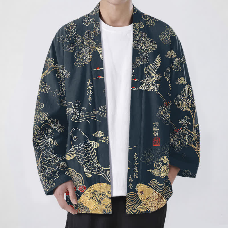 Buddha Stones 綿素材の中国鶴と鯉の模様入り前開きメンズ着物 - 海軍 - US/UK/AU48、 EU58 (4XL) - image 0