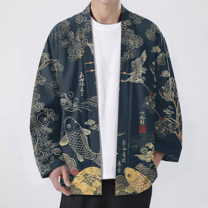 Buddha Stones 綿素材の中国鶴と鯉の模様入り前開きメンズ着物 - 海軍 - US/UK/AU48、 EU58 (4XL) - image 0