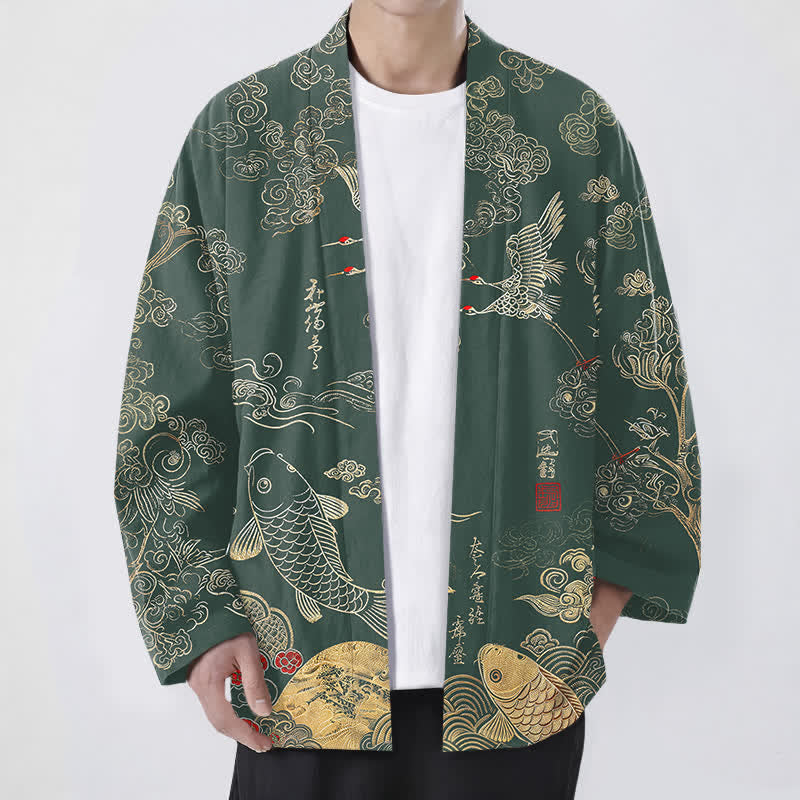 Buddha Stones 綿素材の中国鶴と鯉の模様入り前開きメンズ着物 - ダークグリーン - US/UK/AU48、 EU58 (4XL) - image 6