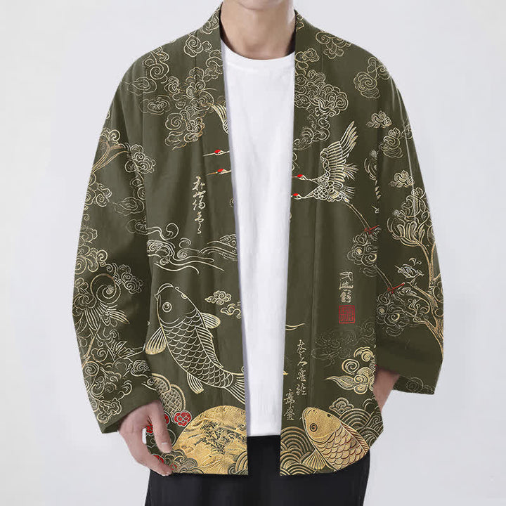 Buddha Stones 綿素材の中国鶴と鯉の模様入り前開きメンズ着物 - オリーブ - US/UK/AU48、 EU58 (4XL) - image 9