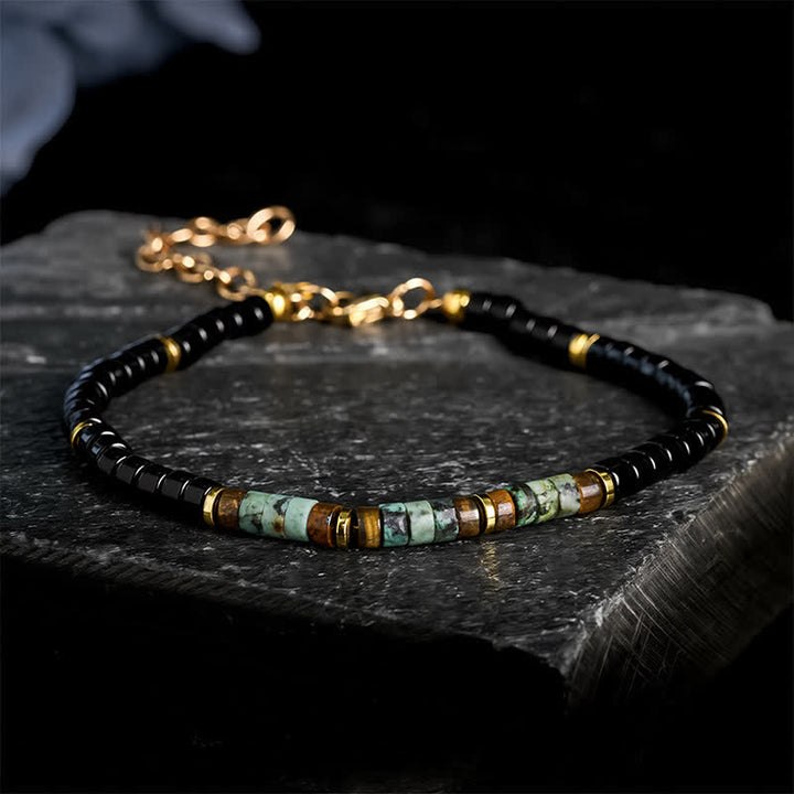 Buddha Stones ブラックオニキスとターコイズの保護ラウンドビーズブレスレット - ブラックオニキス＆ターコイズ（手首周り：18～20cm） - image 0