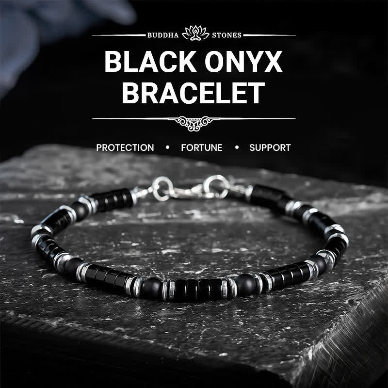 Buddha Stones ブラックオニキス製円筒形フロスト加工スペーサービーズ付き守護ブレスレット - 延長チェーンなし（手首周り：6.3～7.1インチ／16～18cm） - image 0