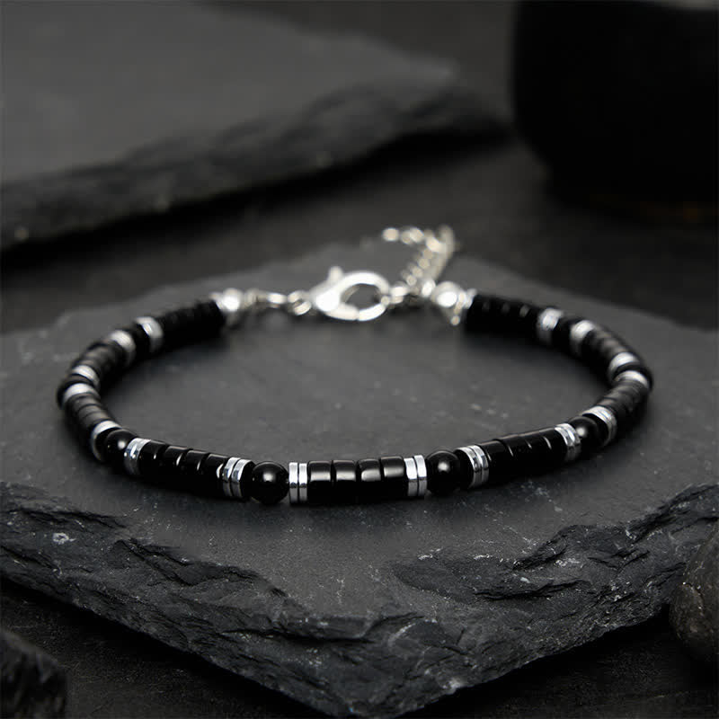 Buddha Stones ブラックオニキス製円筒形フロスト加工スペーサービーズ付き守護ブレスレット - image 10