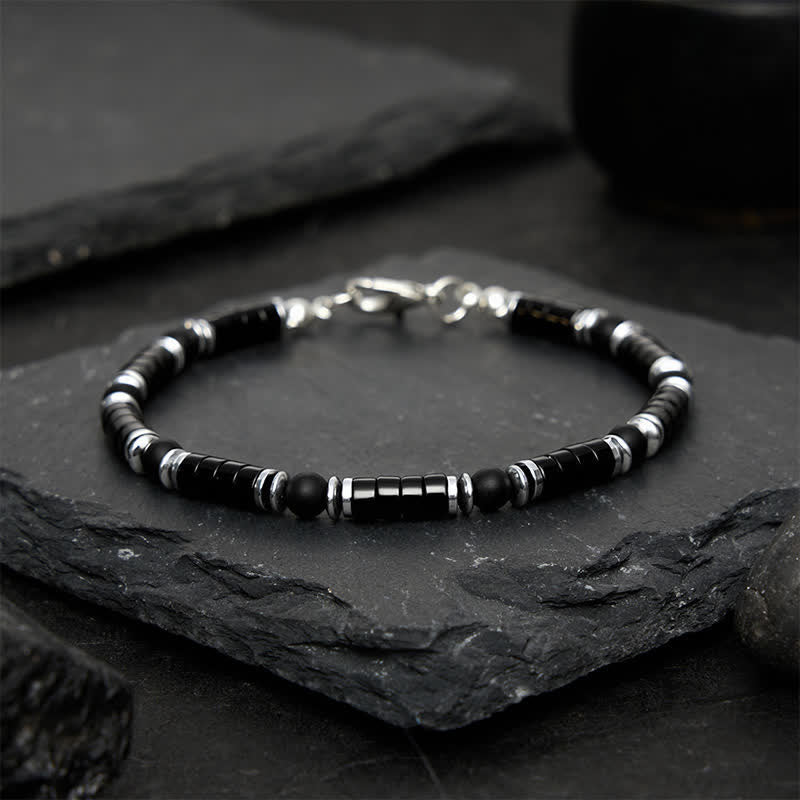 Buddha Stones ブラックオニキス製円筒形フロスト加工スペーサービーズ付き守護ブレスレット - image 1