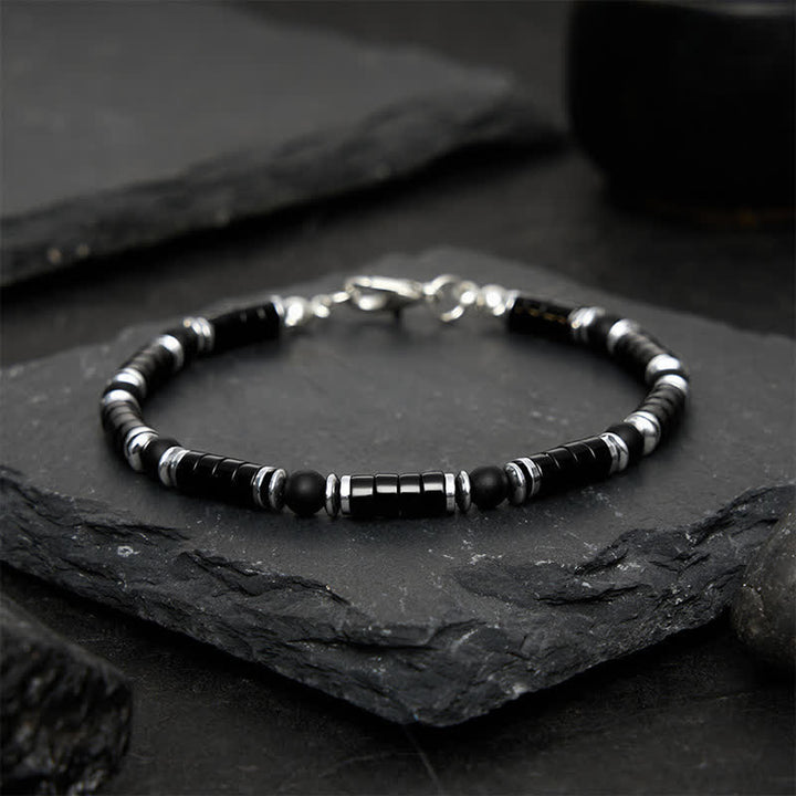 Buddha Stones ブラックオニキス製円筒形フロスト加工スペーサービーズ付き守護ブレスレット - image 1