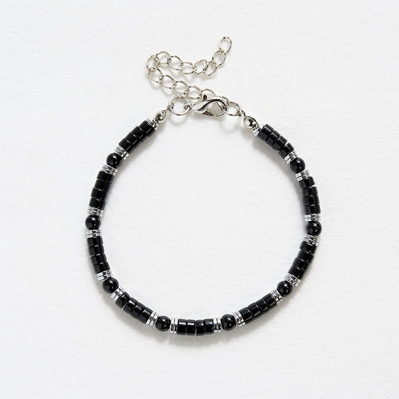 Buddha Stones ブラックオニキス製円筒形フロスト加工スペーサービーズ付き守護ブレスレット - image 12