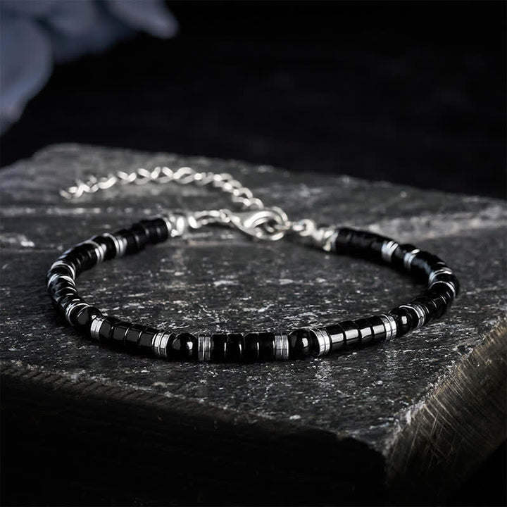 Buddha Stones ブラックオニキス製円筒形フロスト加工スペーサービーズ付き守護ブレスレット - 延長チェーン付き（手首周り：16～19cm） - image 9