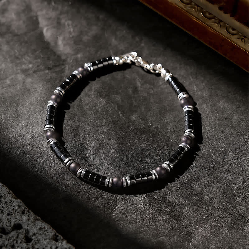 Buddha Stones ブラックオニキス製円筒形フロスト加工スペーサービーズ付き守護ブレスレット - image 2