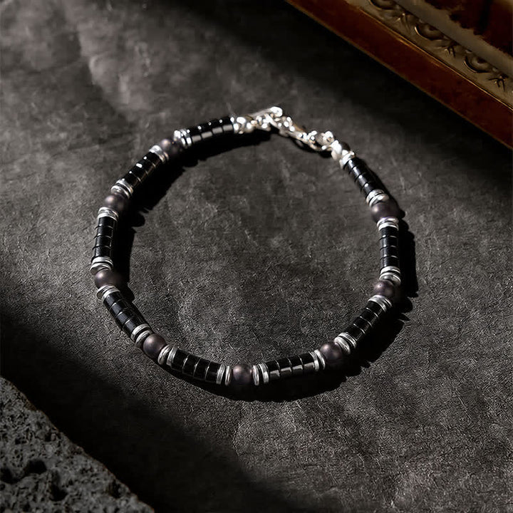 Buddha Stones ブラックオニキス製円筒形フロスト加工スペーサービーズ付き守護ブレスレット - image 2