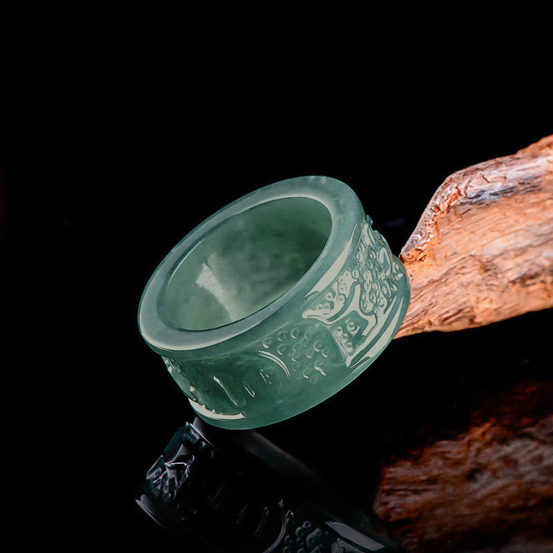 Buddha Stones天然翡翠オーム・マニ・パドメ・フム彫刻繁栄リング - 23mm - image 0