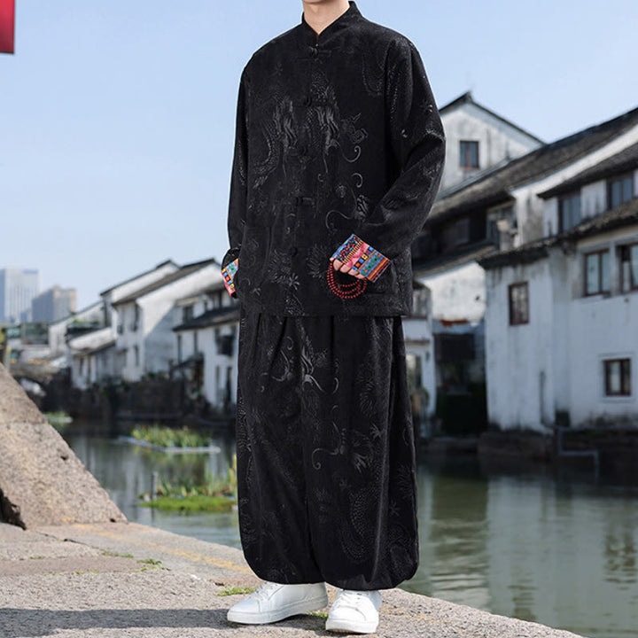 Buddha Stones 秋冬 唐風 ヴィンテージ マンダリンカラー カエルボタン 抽象柄 コットンシャツ パンツ メンズ 瞑想用布 ポケット付き - image 14