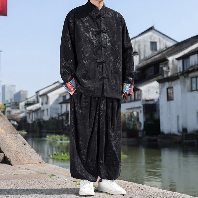 Buddha Stones 秋冬 唐風 ヴィンテージ マンダリンカラー カエルボタン 抽象柄 コットンシャツ パンツ メンズ 瞑想用布 ポケット付き - image 13