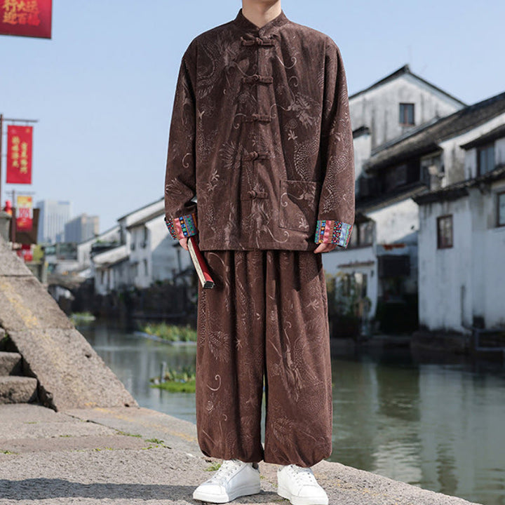 Buddha Stones 秋冬 唐風 ヴィンテージ マンダリンカラー カエルボタン 抽象柄 コットンシャツ パンツ メンズ 瞑想用布 ポケット付き - image 5