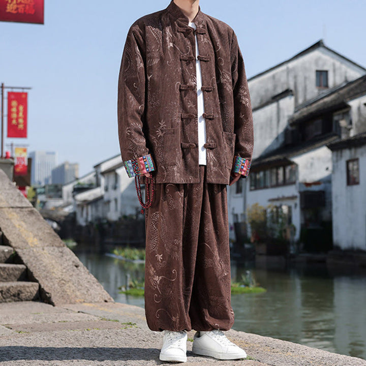 Buddha Stones 秋冬 唐風 ヴィンテージ マンダリンカラー カエルボタン 抽象柄 コットンシャツ パンツ メンズ 瞑想用布 ポケット付き - image 3