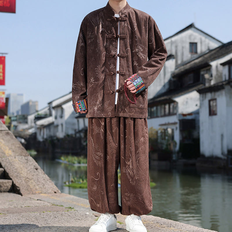 Buddha Stones 秋冬 唐風 ヴィンテージ マンダリンカラー カエルボタン 抽象柄 コットンシャツ パンツ メンズ 瞑想用布 ポケット付き - image 2