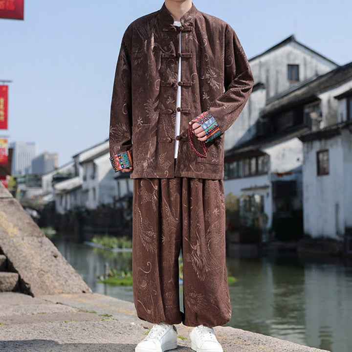 Buddha Stones 秋冬 唐風 ヴィンテージ マンダリンカラー カエルボタン 抽象柄 コットンシャツ パンツ メンズ 瞑想用布 ポケット付き - image 2
