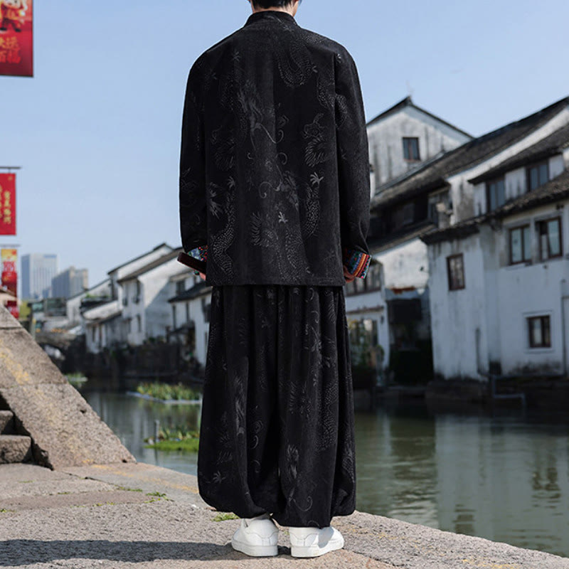 Buddha Stones 秋冬 唐風 ヴィンテージ マンダリンカラー カエルボタン 抽象柄 コットンシャツ パンツ メンズ 瞑想用布 ポケット付き - image 15