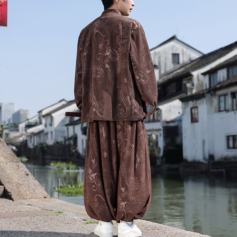 Buddha Stones 秋冬 唐風 ヴィンテージ マンダリンカラー カエルボタン 抽象柄 コットンシャツ パンツ メンズ 瞑想用布 ポケット付き - image 4