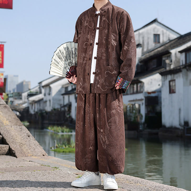 Buddha Stones 秋冬 唐風 ヴィンテージ マンダリンカラー カエルボタン 抽象柄 コットンシャツ パンツ メンズ 瞑想用布 ポケット付き - シエナ - US/UK/AU46、 EU56 (5XL) - image 0