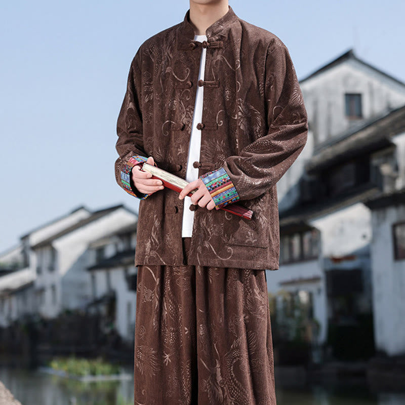 Buddha Stones 秋冬 唐風 ヴィンテージ マンダリンカラー カエルボタン 抽象柄 コットンシャツ パンツ メンズ 瞑想用布 ポケット付き - image 6