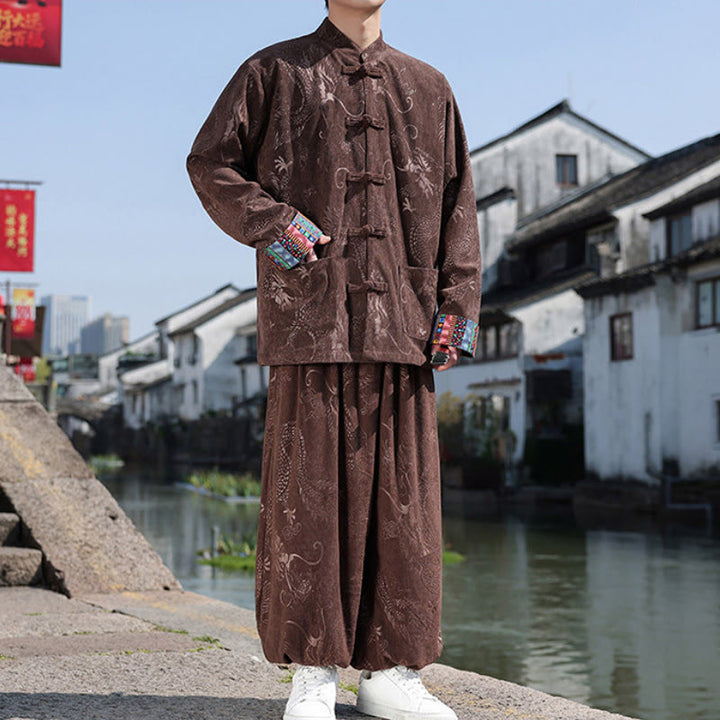Buddha Stones 秋冬 唐風 ヴィンテージ マンダリンカラー カエルボタン 抽象柄 コットンシャツ パンツ メンズ 瞑想用布 ポケット付き - image 1