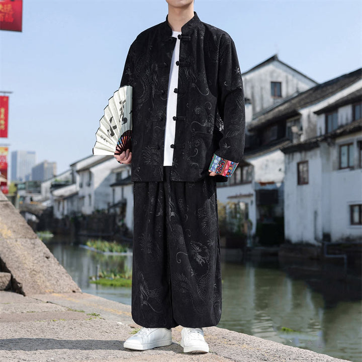 Buddha Stones 秋冬 唐風 ヴィンテージ マンダリンカラー カエルボタン 抽象柄 コットンシャツ パンツ メンズ 瞑想用布 ポケット付き - 黒 - US/UK/AU46、 EU56 (5XL) - image 11