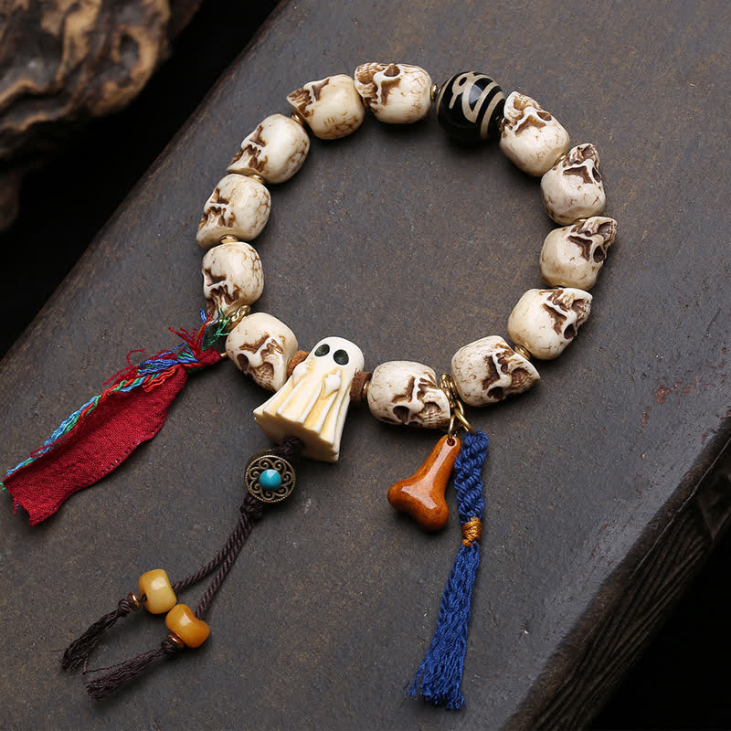 Buddha Stones 手彫りの骨ビーズ、屍の森の主ジービーズ、守護ブレスレット - 6.3～6.7インチ / 16～17cm - image 0