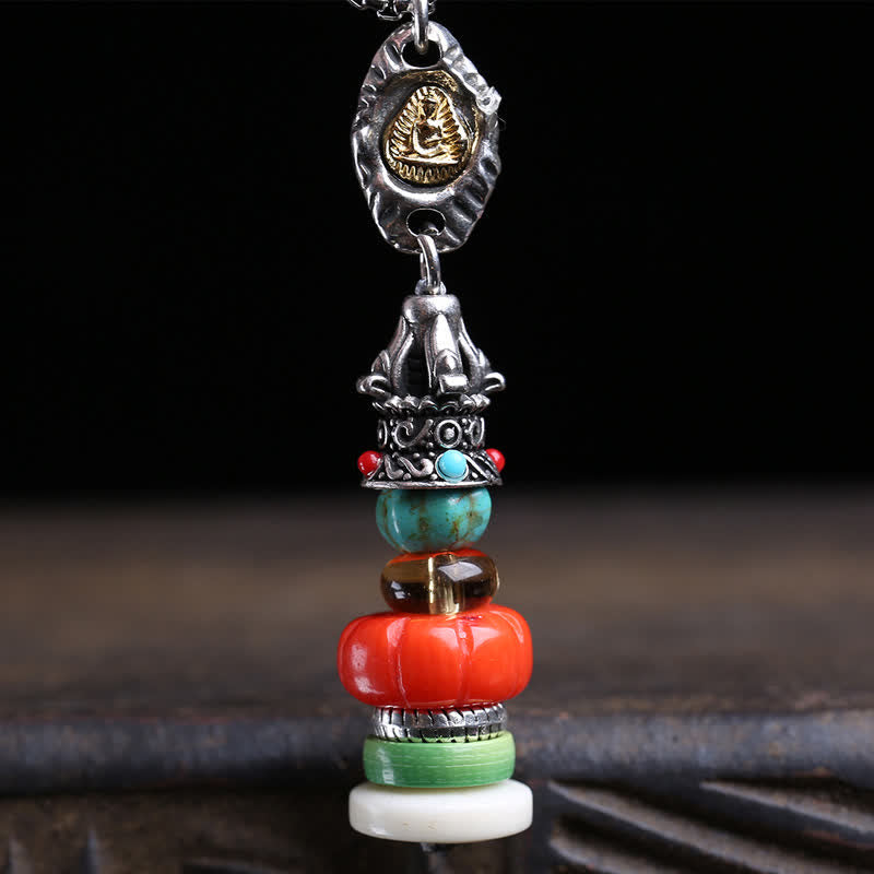 Buddha Stones チベットのマニ石の山デザイン、無形の仏、チタン鋼、マルチカラービーズの保護ネックレス - image 2