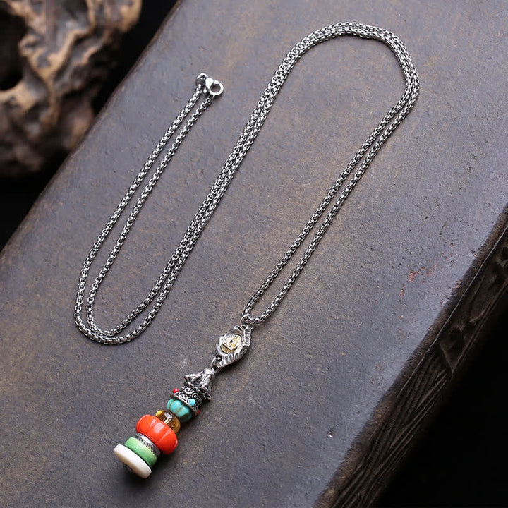 Buddha Stones チベットのマニ石の山デザイン、無形の仏、チタン鋼、マルチカラービーズの保護ネックレス - 約7～13mm - image 0