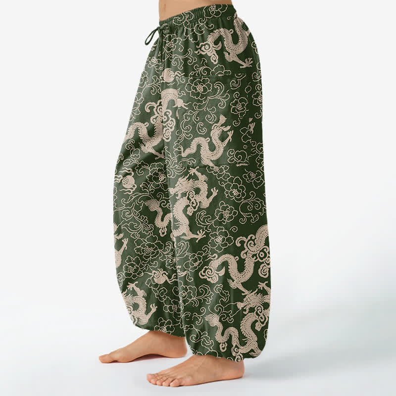 Buddha Stones 綿素材、金色の龍と花柄、レディース用ゴムウエストハーレムパンツ（サイドポケット付き） - image 8