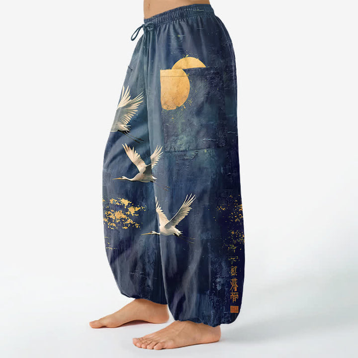 Buddha Stones 綿素材、オリエンタル鶴と月柄、レディース用ゴムウエストハーレムパンツ（サイドポケット付き） - image 8