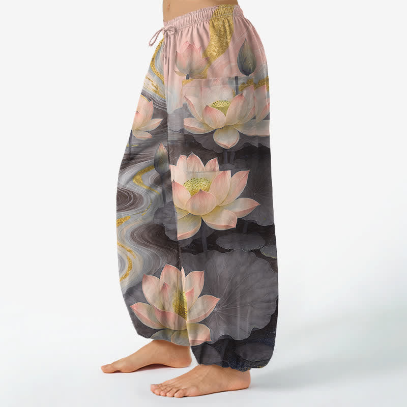 Buddha Stones コットン製、蓮池水墨画柄、レディース用ゴムウエストハーレムパンツ（サイドポケット付き） - image 8