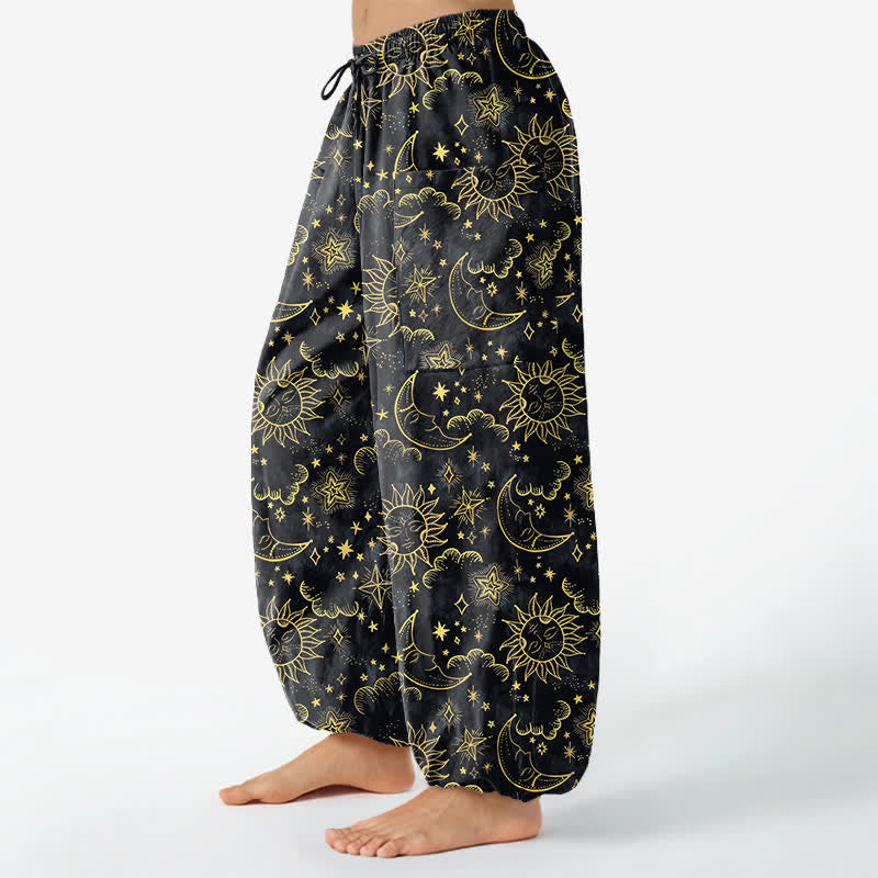 Buddha Stones 綿素材、太陽・月・星柄のレディース用ゴムウエストハーレムパンツ（サイドポケット付き） - image 8