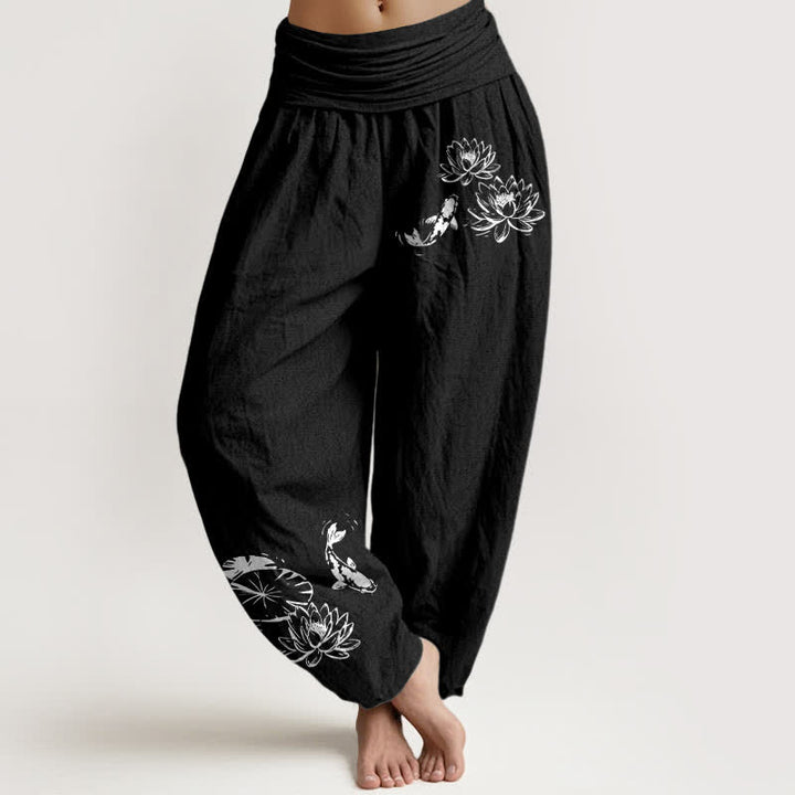 Buddha Stones 純綿鯉蓮柄レディースゴムウエストハーレムパンツ - 黒 - US16、 UK/AU20、 EU48 (3XL) - image 0