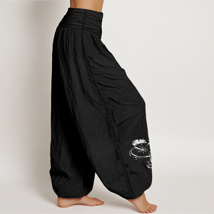 Buddha Stones 純綿鯉蓮柄レディースゴムウエストハーレムパンツ - image 1