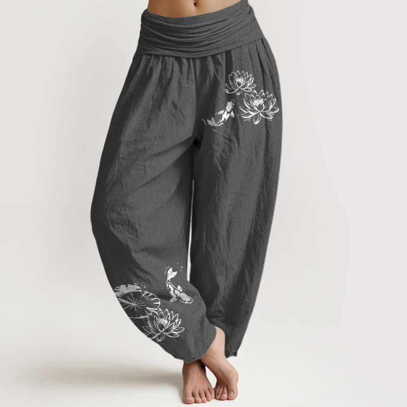 Buddha Stones 純綿鯉蓮柄レディースゴムウエストハーレムパンツ - 薄暗い灰色 - US16、 UK/AU20、 EU48 (3XL) - image 5