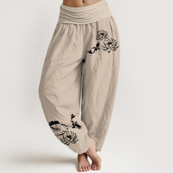 Buddha Stones 純綿鯉蓮柄レディースゴムウエストハーレムパンツ - タン - US16、 UK/AU20、 EU48 (3XL) - image 8