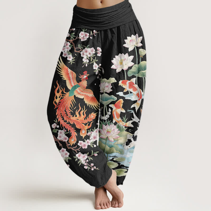 Buddha Stones 綿素材の鳳凰鯉蓮柄レディースゴムウエストハーレムパンツ - 黒 - US16、 UK/AU20、 EU48 (3XL) - image 0