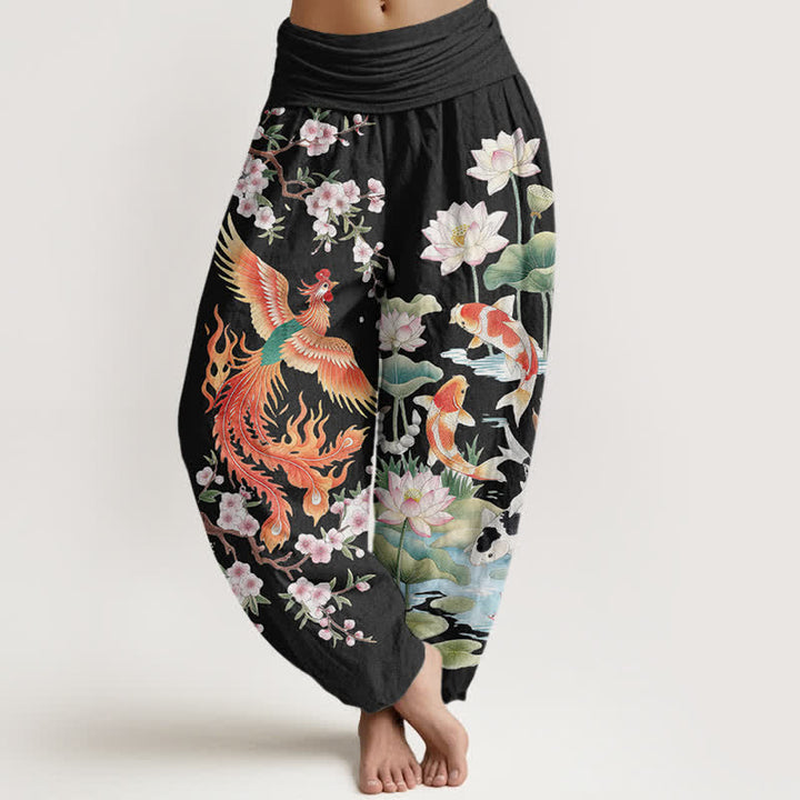 Buddha Stones 綿素材の鳳凰鯉蓮柄レディースゴムウエストハーレムパンツ - 黒 - US16、 UK/AU20、 EU48 (3XL) - image 0