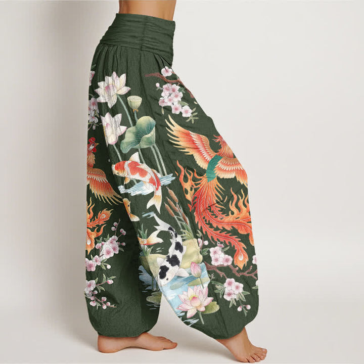 Buddha Stones 綿素材の鳳凰鯉蓮柄レディースゴムウエストハーレムパンツ - image 6