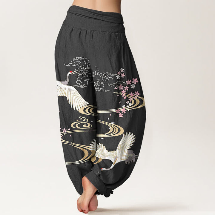 Buddha Stones 綿素材の鶴桜柄レディースゴムウエストハーレムパンツ - image 2