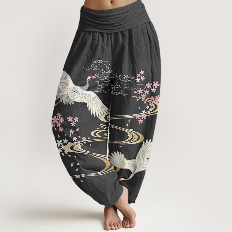 Buddha Stones 綿素材の鶴桜柄レディースゴムウエストハーレムパンツ - 薄暗い灰色 - US16、 UK/AU20、 EU48 (3XL) - image 0