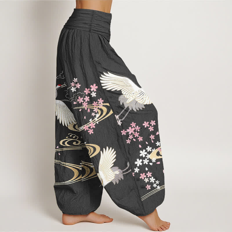 Buddha Stones 綿素材の鶴桜柄レディースゴムウエストハーレムパンツ - image 1