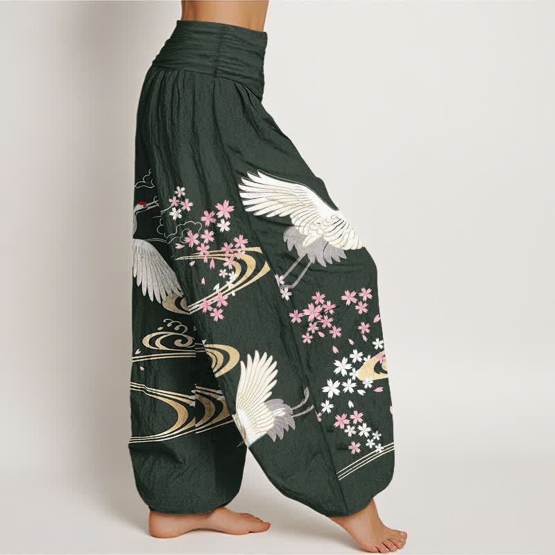 Buddha Stones 綿素材の鶴桜柄レディースゴムウエストハーレムパンツ - image 6