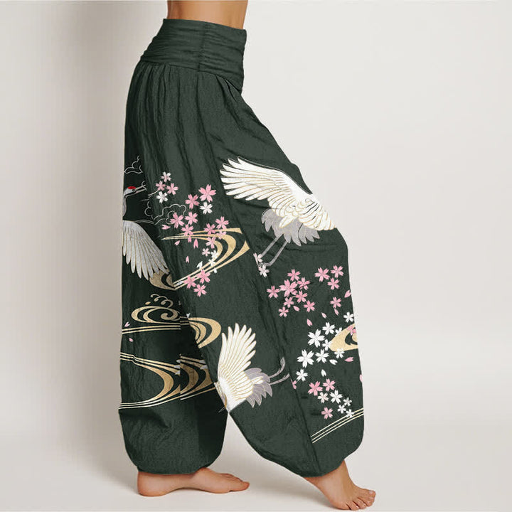 Buddha Stones 綿素材の鶴桜柄レディースゴムウエストハーレムパンツ - image 6